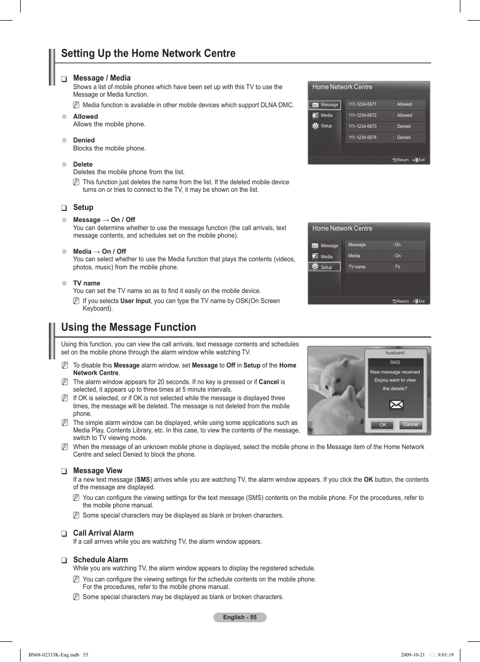 Setting up the home network centre, Using the message function, Message / media | Setup, Message view, Call arrival alarm, Schedule alarm | Samsung PS63B680T6W User Manual | Page 55 / 644