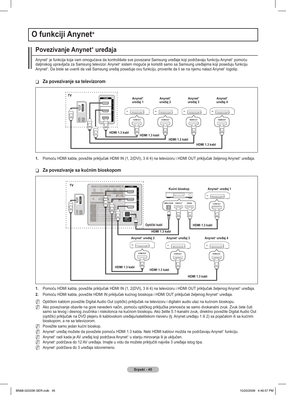 O funkciji anynet, Povezivanje anynet, Uređaja | Za povezivanje sa televizorom, Za povezivanje sa kućnim bioskopom | Samsung PS63B680T6W User Manual | Page 560 / 644
