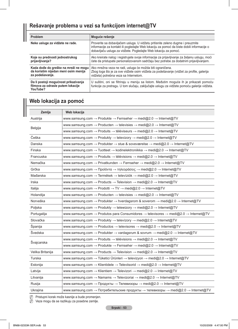 Rešavanje problema u vezi sa funkcijom internet@tv, Web lokacija za pomoć | Samsung PS63B680T6W User Manual | Page 568 / 644