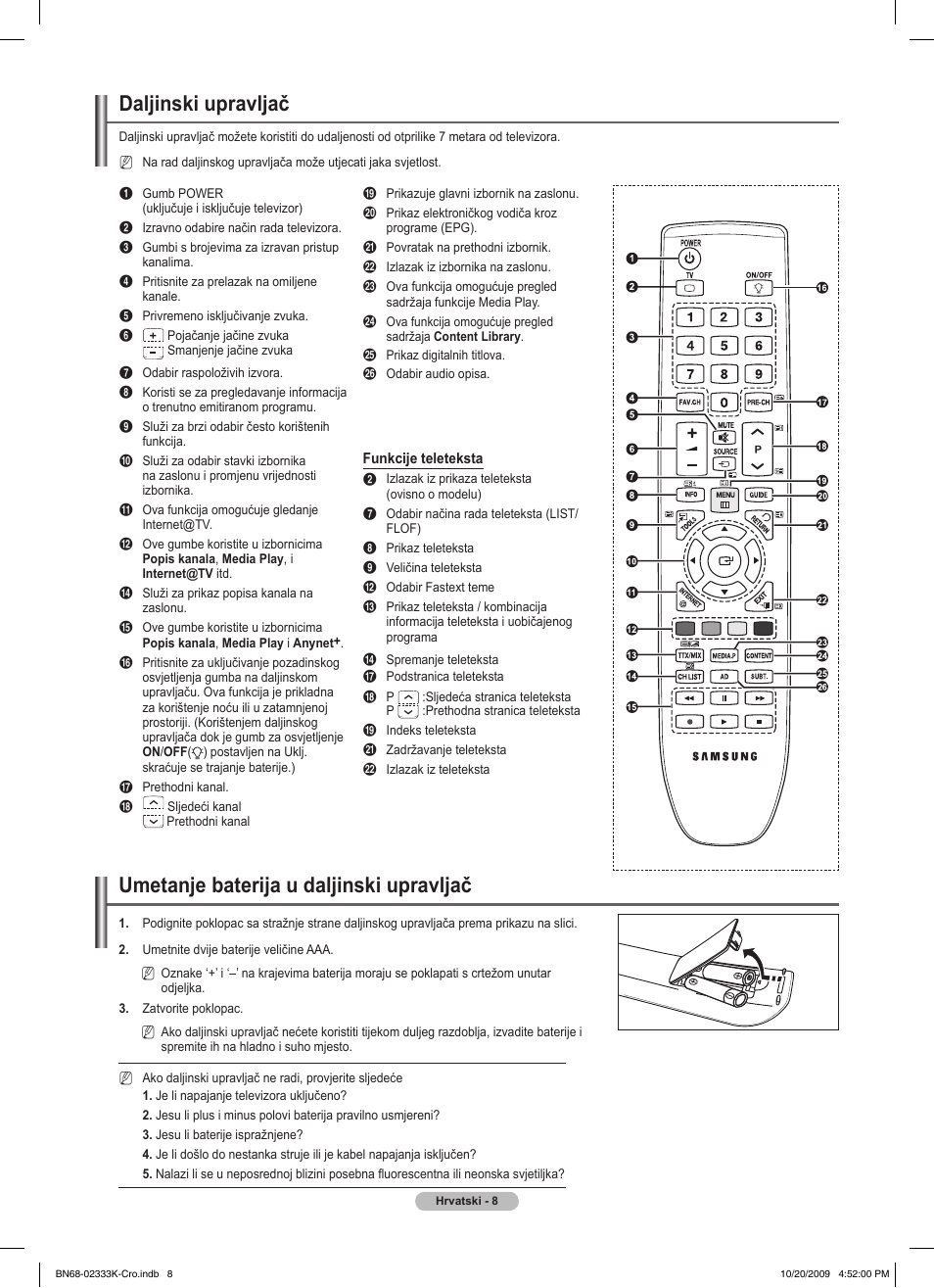 Daljinski upravljač, Umetanje baterija u daljinski upravljač | Samsung PS63B680T6W User Manual | Page 586 / 644