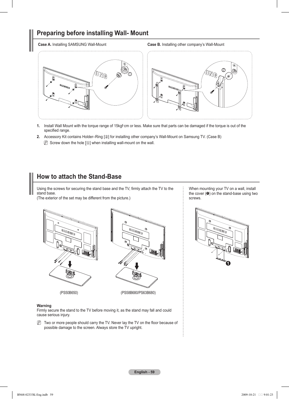 Preparing before installing wall- mount, How to attach the stand-base | Samsung PS63B680T6W User Manual | Page 59 / 644