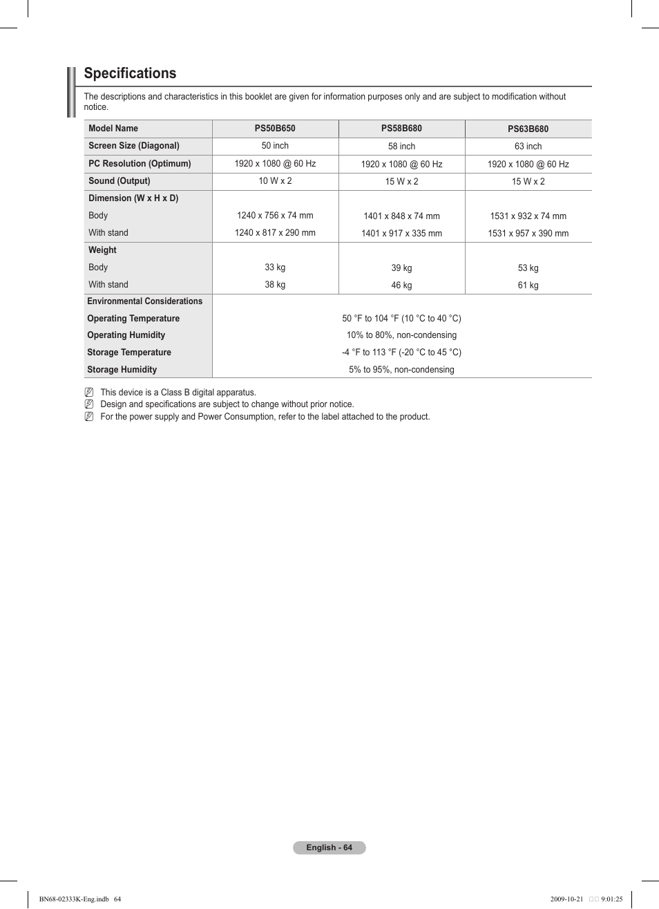 Specifications | Samsung PS63B680T6W User Manual | Page 64 / 644