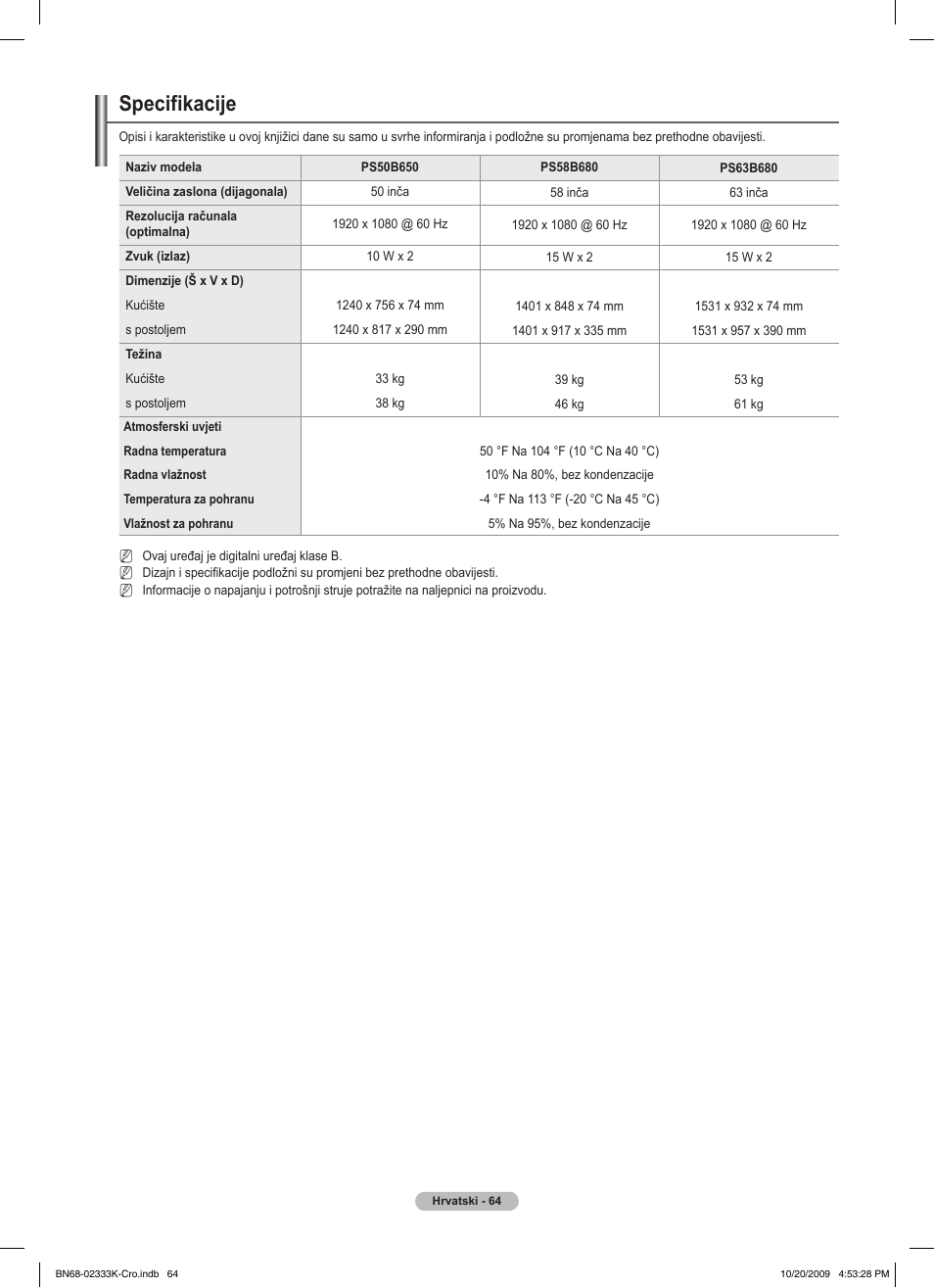 Specifikacije | Samsung PS63B680T6W User Manual | Page 642 / 644