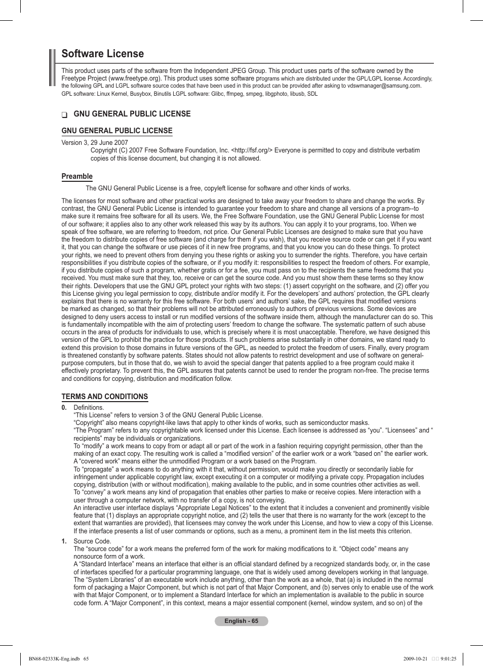 Software license | Samsung PS63B680T6W User Manual | Page 65 / 644