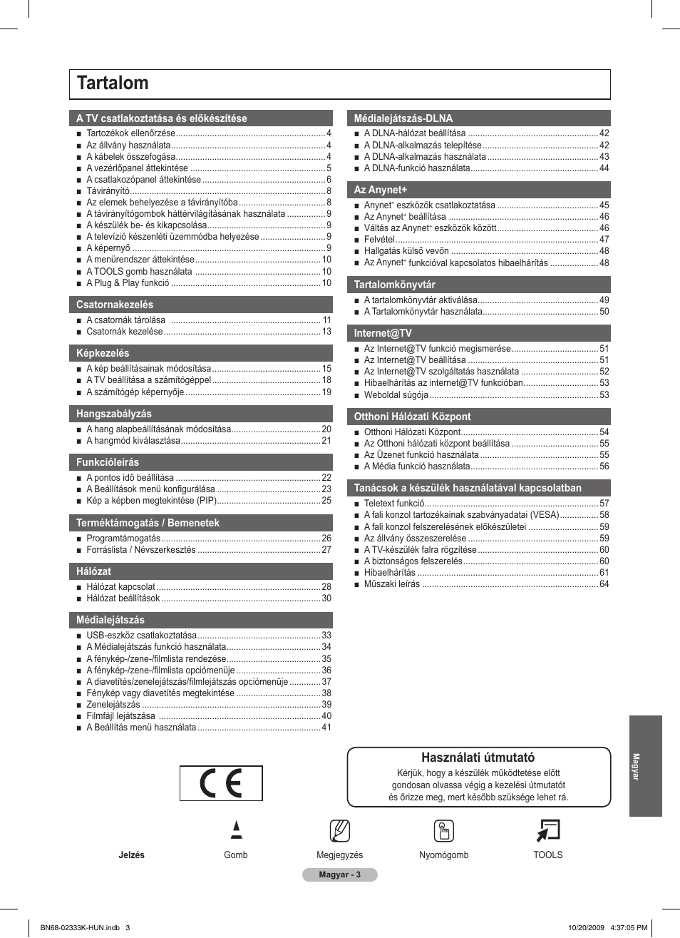 No t, Tartalom, Használati útmutató | Samsung PS63B680T6W User Manual | Page 77 / 644