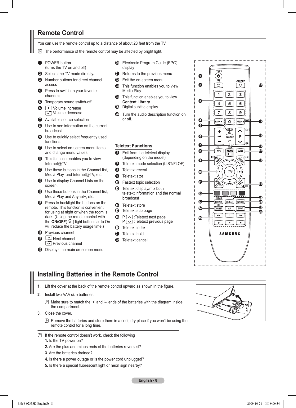 Remote control, Installing batteries in the remote control | Samsung PS63B680T6W User Manual | Page 8 / 644