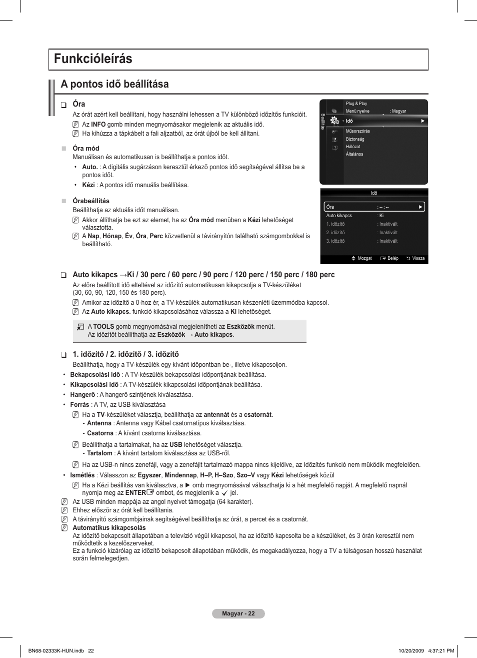 Funkcióleírás, A pontos idő beállítása | Samsung PS63B680T6W User Manual | Page 96 / 644