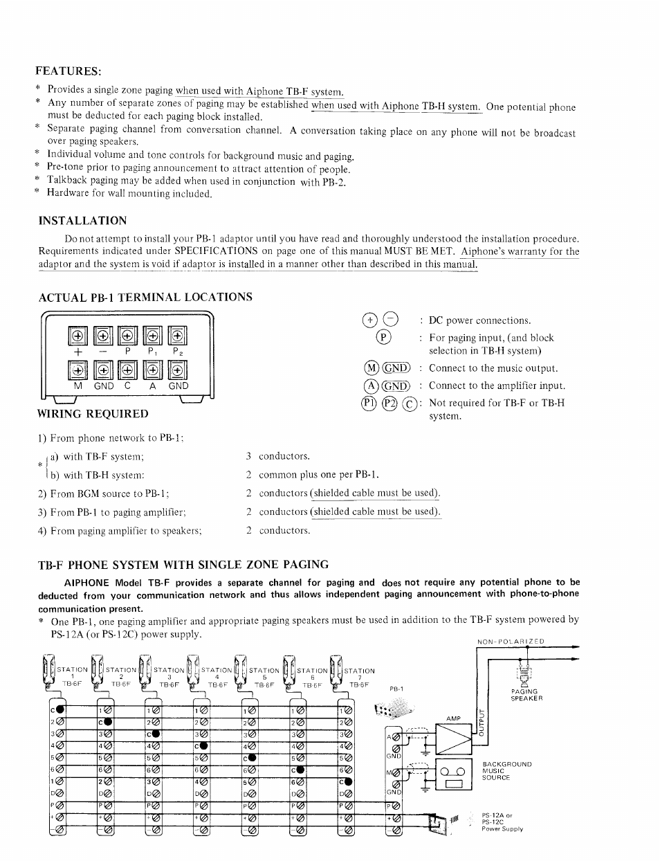 Features, Installation, Actual pb-1 terminal locations | Wiring required, Tb-f phone system with single zone paging | Aiphone PB-1 User Manual | Page 2 / 4