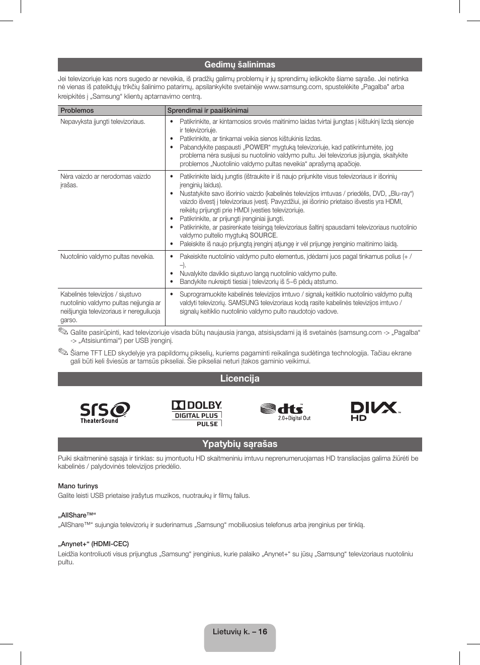 Licencija ypatybių sąrašas | Samsung UE32D5800VW User Manual | Page 106 / 163