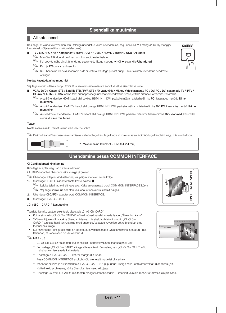 Sisendallika muutmine, Ühendamine pessa common interface | Samsung UE32D5800VW User Manual | Page 119 / 163