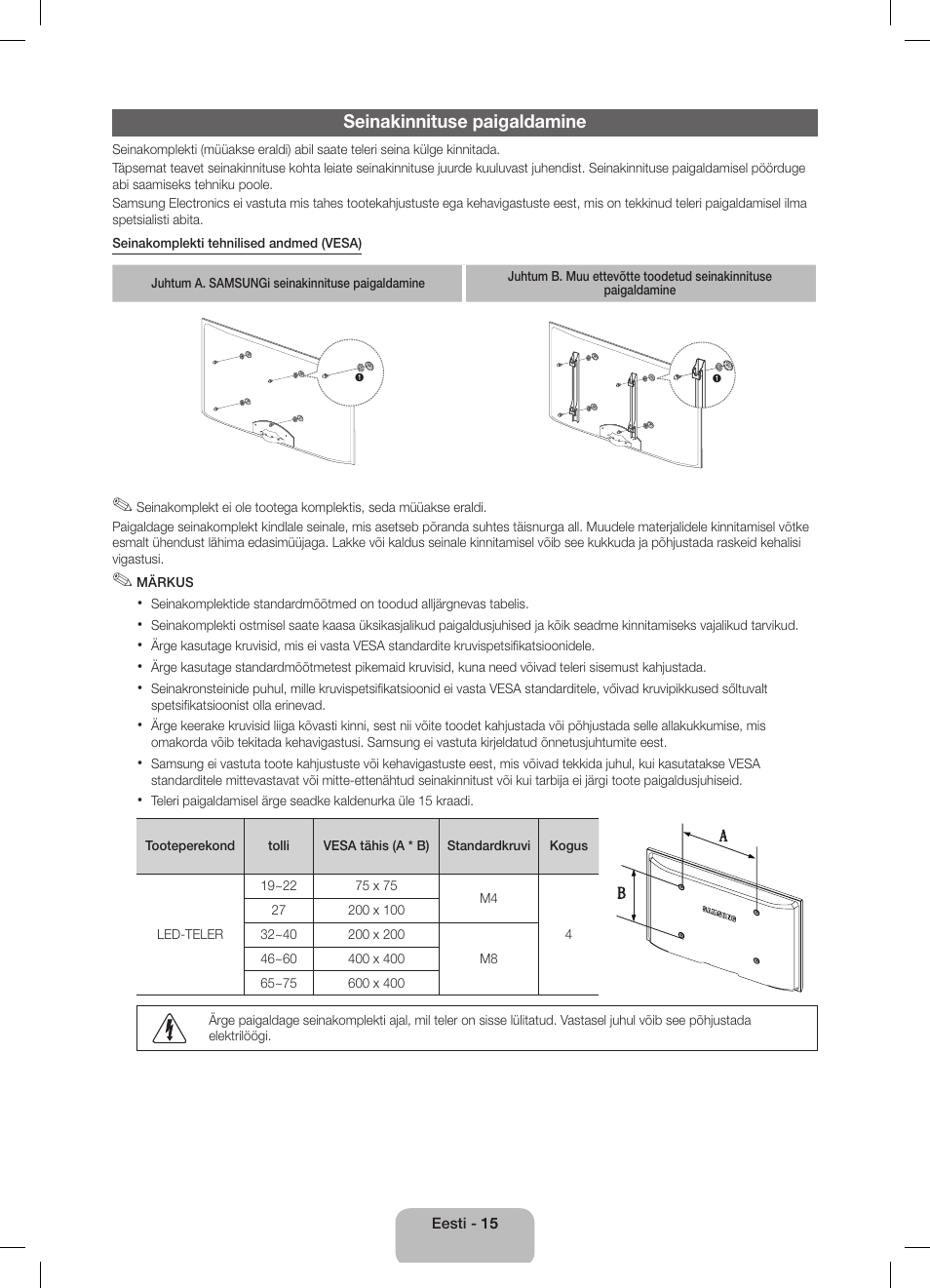 Seinakinnituse paigaldamine | Samsung UE32D5800VW User Manual | Page 123 / 163
