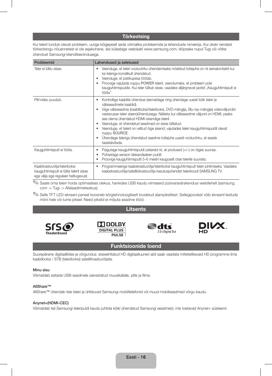 Litsents funktsioonide loend | Samsung UE32D5800VW User Manual | Page 124 / 163
