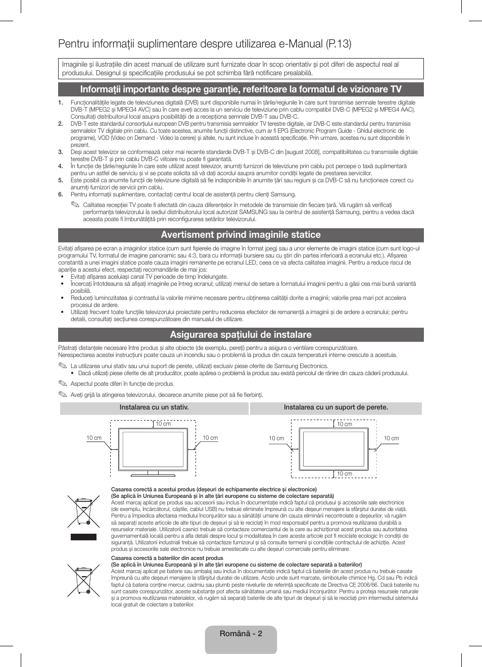 Avertisment privind imaginile statice, Asigurarea spaţiului de instalare | Samsung UE32D5800VW User Manual | Page 128 / 163