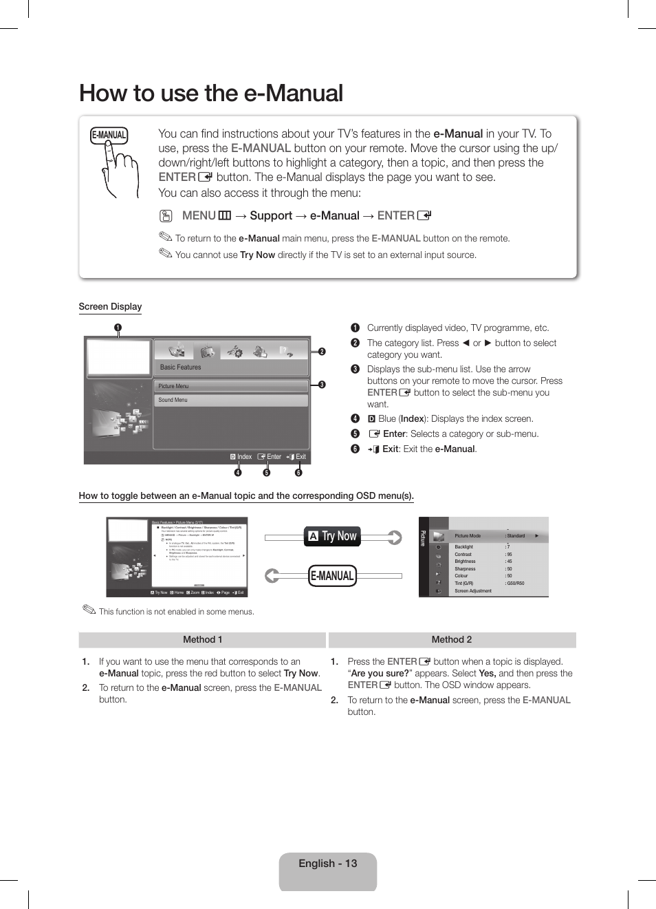 How to use the e-manual, A try now, E-manual | Menu m → support → e-manual → enter e | Samsung UE32D5800VW User Manual | Page 13 / 163