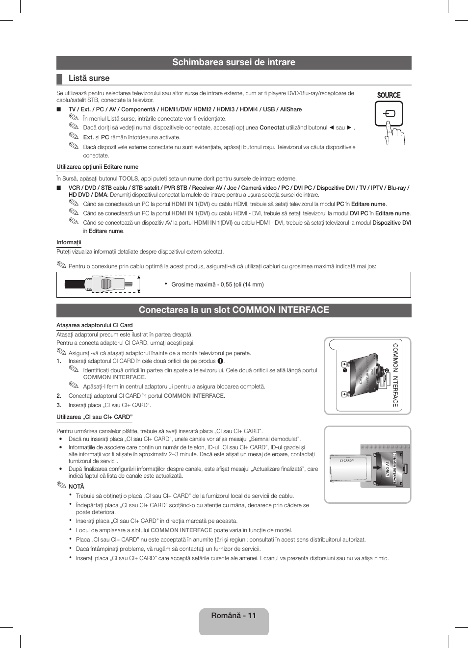 Schimbarea sursei de intrare, Conectarea la un slot common interface | Samsung UE32D5800VW User Manual | Page 137 / 163