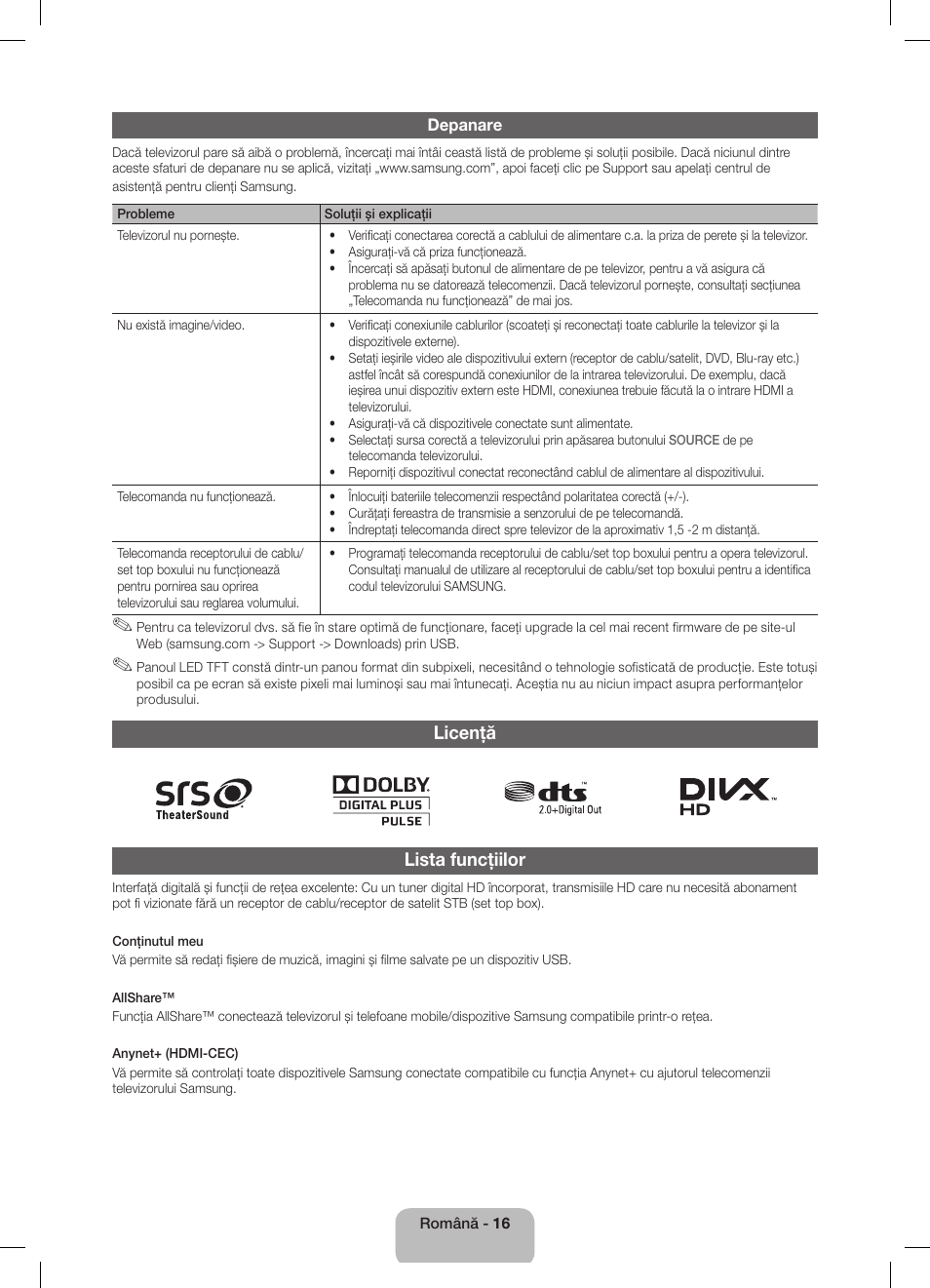 Licenţă lista funcţiilor | Samsung UE32D5800VW User Manual | Page 142 / 163