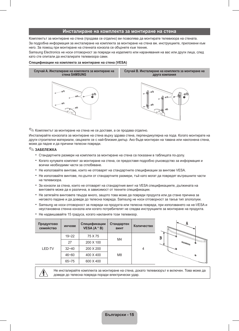 Инсталиране на комплекта за монтиране на стена | Samsung UE32D5800VW User Manual | Page 159 / 163