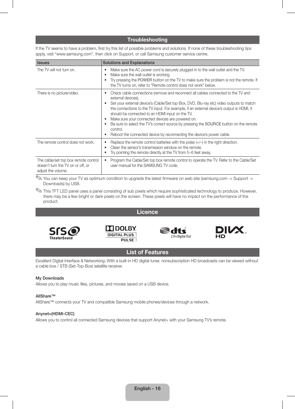 Licence list of features | Samsung UE32D5800VW User Manual | Page 16 / 163