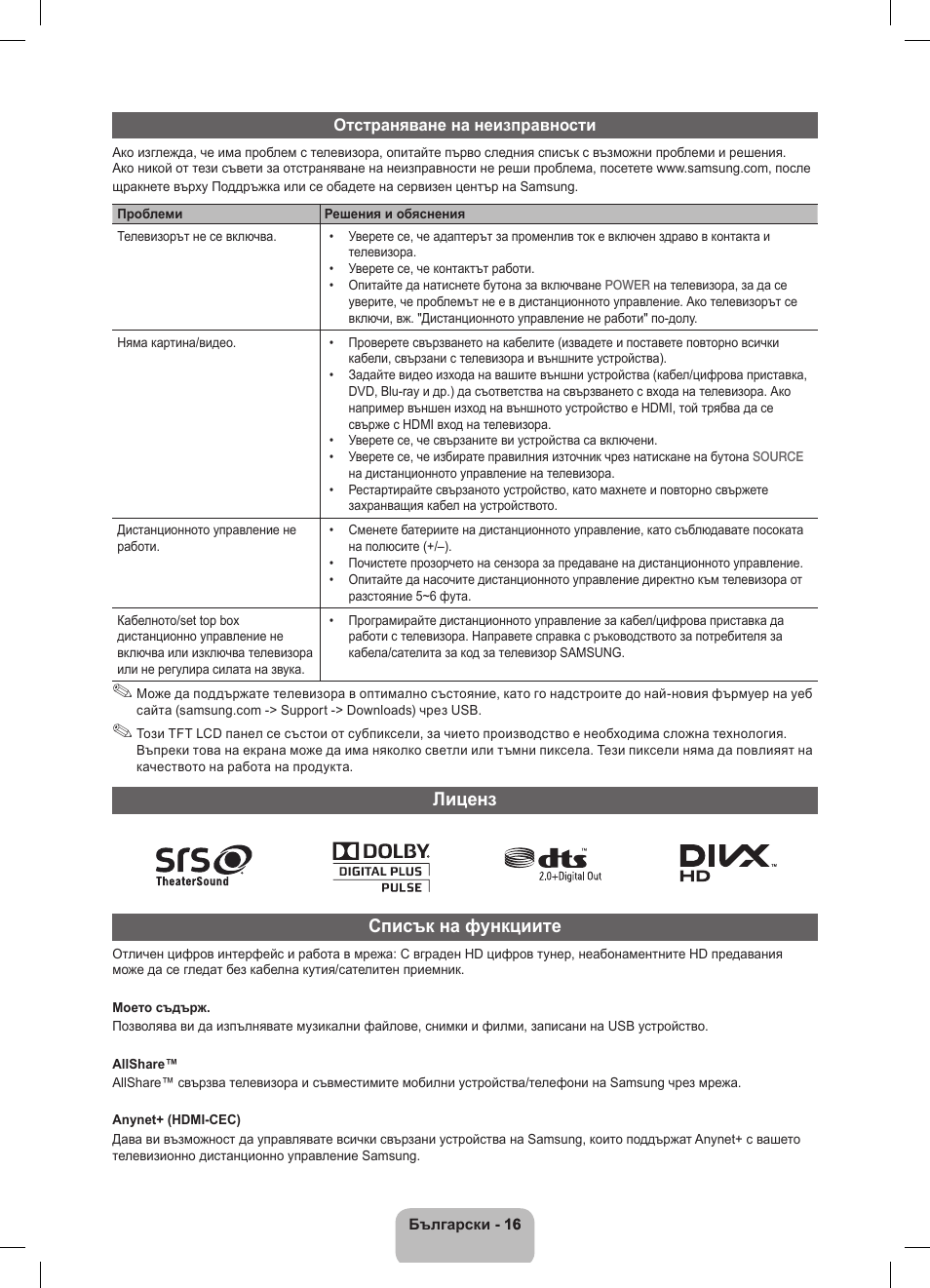 Лиценз списък на функциите | Samsung UE32D5800VW User Manual | Page 160 / 163