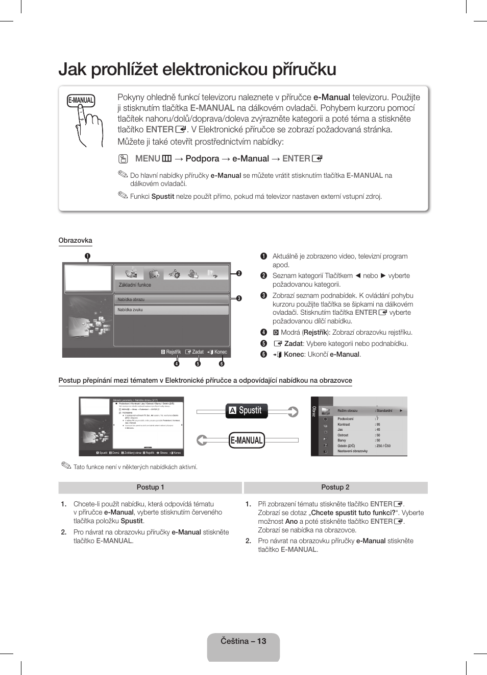 Jak prohlížet elektronickou příručku, A spustit, E-manual | Menu m → podpora → e-manual → enter e | Samsung UE32D5800VW User Manual | Page 31 / 163