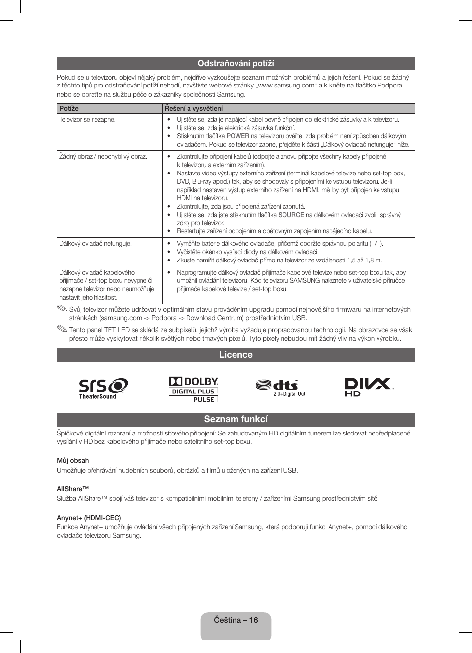 Licence seznam funkcí | Samsung UE32D5800VW User Manual | Page 34 / 163