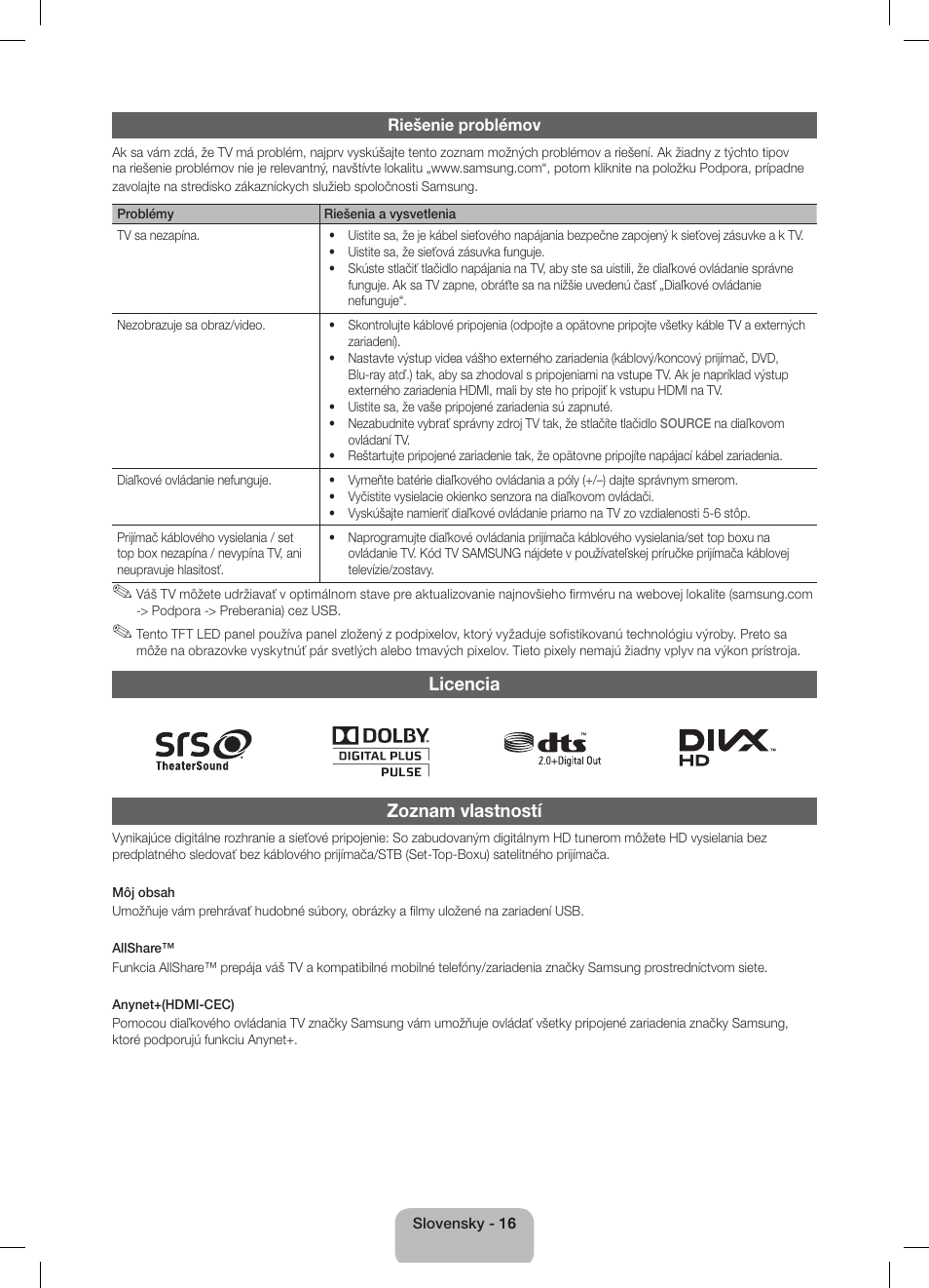 Licencia zoznam vlastností | Samsung UE32D5800VW User Manual | Page 52 / 163
