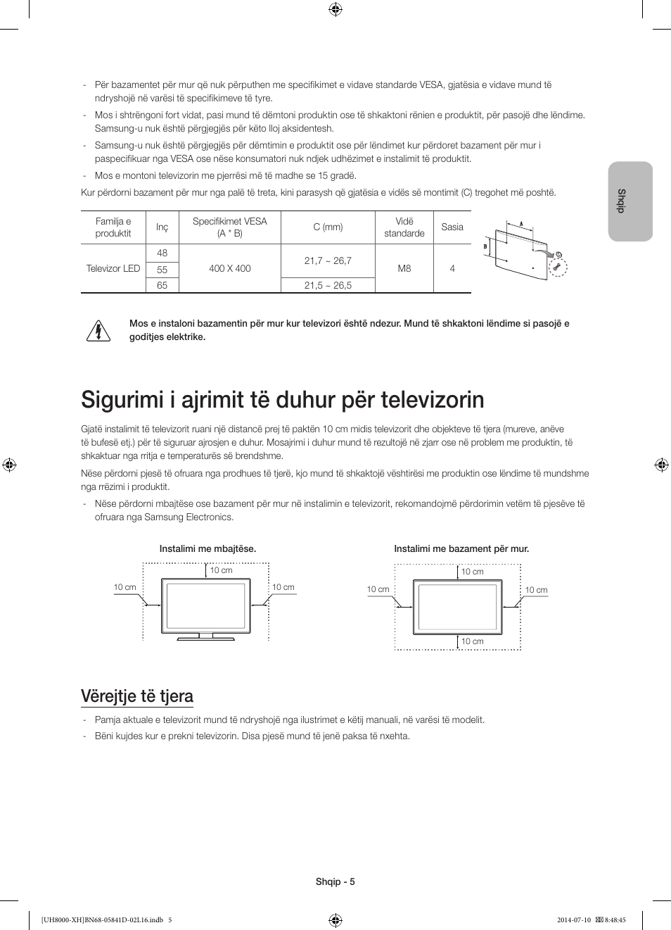 Sigurimi i ajrimit të duhur për televizorin, Vërejtje të tjera | Samsung UE48H8000ST User Manual | Page 225 / 353