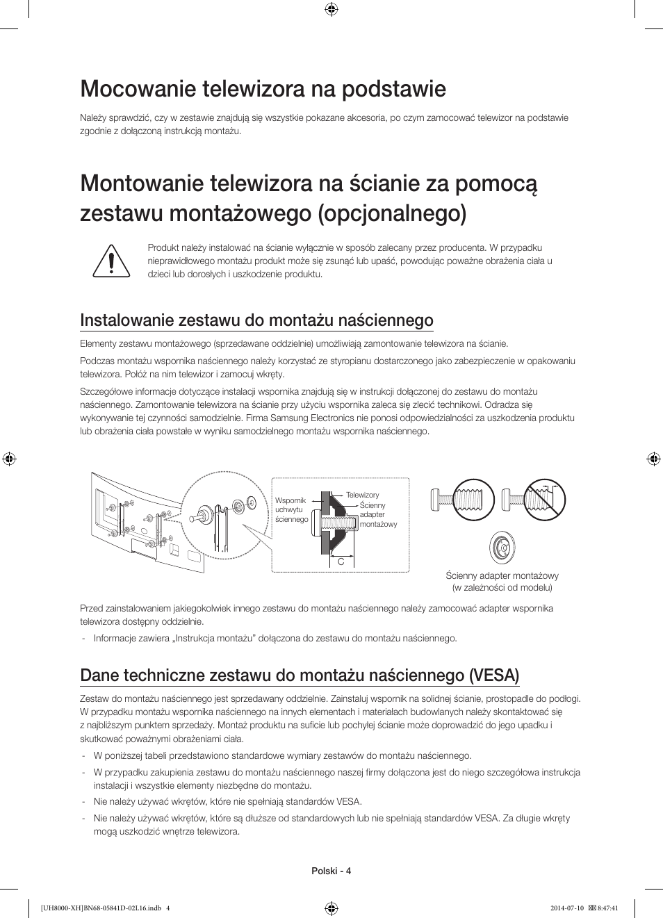 Mocowanie telewizora na podstawie, Instalowanie zestawu do montażu naściennego | Samsung UE48H8000ST User Manual | Page 48 / 353