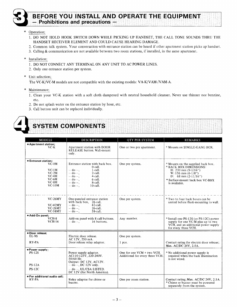 Before you install and operate the equipment, System components | Aiphone VC-58MT User Manual | Page 3 / 8