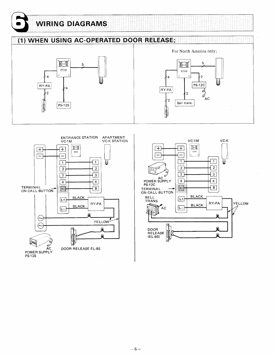 Wiring diagrams, For north america only, 1) when using ac-operated door release | Aiphone VC-58MT User Manual | Page 6 / 8