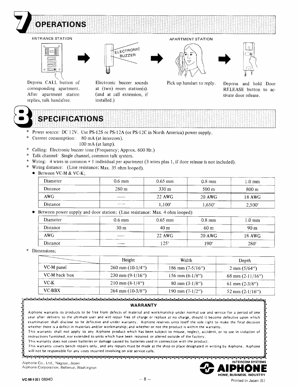 Operations, Specifications, Aiphone | Aiphone VC-58MT User Manual | Page 8 / 8