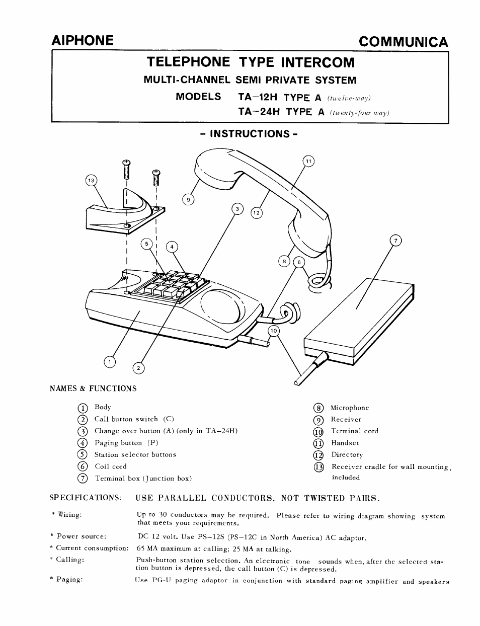 Aiphone TA-12H User Manual | 10 pages