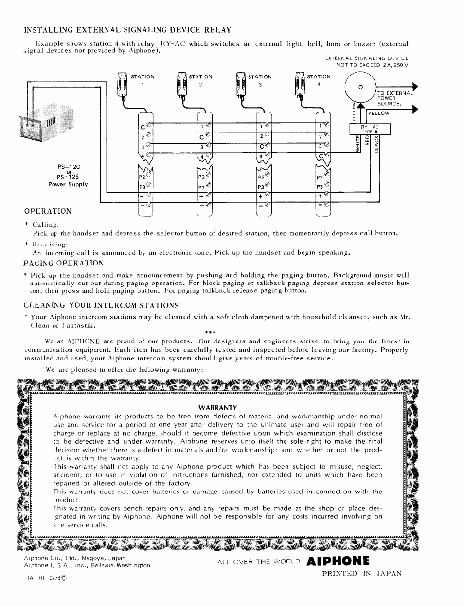 Installing external signaling device relay, Paging operation, Cleaning your intercom stations | Aiphone | Aiphone TA-12H User Manual | Page 10 / 10