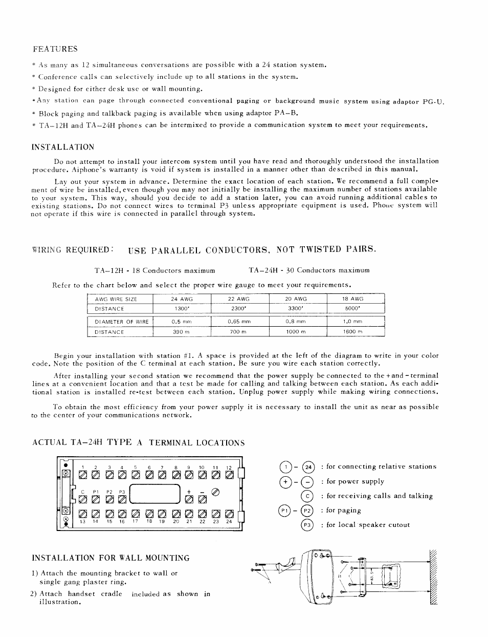 Installation, Actual ta-24h type a terminal locations, Installation for wall mounting | Se parallel conductors, not twisted pairs | Aiphone TA-12H User Manual | Page 2 / 10