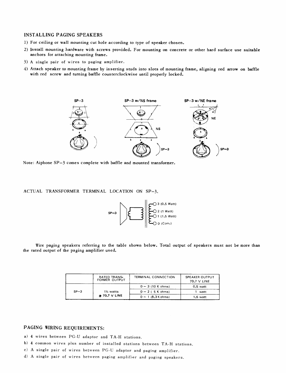 Installing paging speakers, Paging wiring requirements | Aiphone TA-12H User Manual | Page 8 / 10