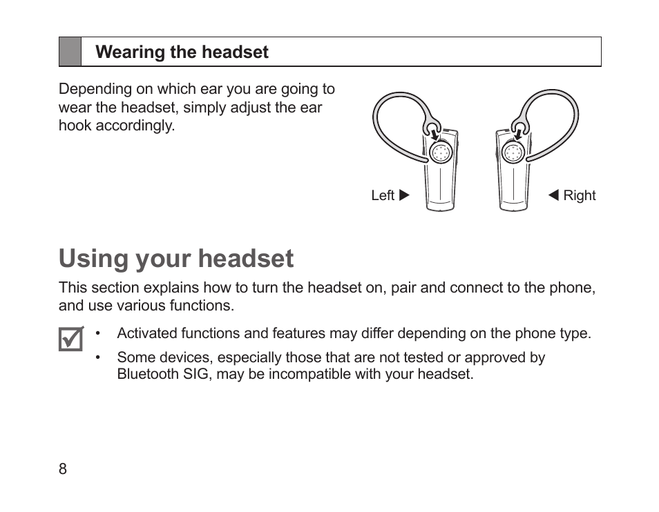 Wearing the headset, Using your headset | Samsung HM1200 User Manual | Page 10 / 154