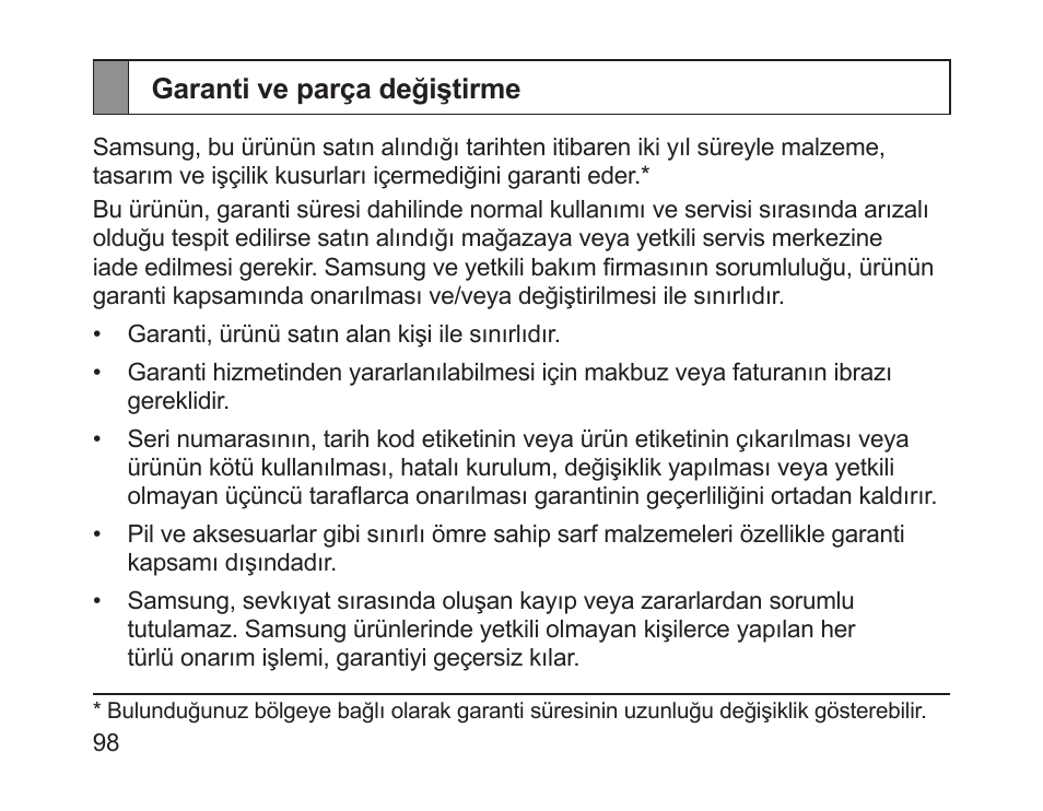 Garanti ve parça değiştirme | Samsung HM1200 User Manual | Page 100 / 154