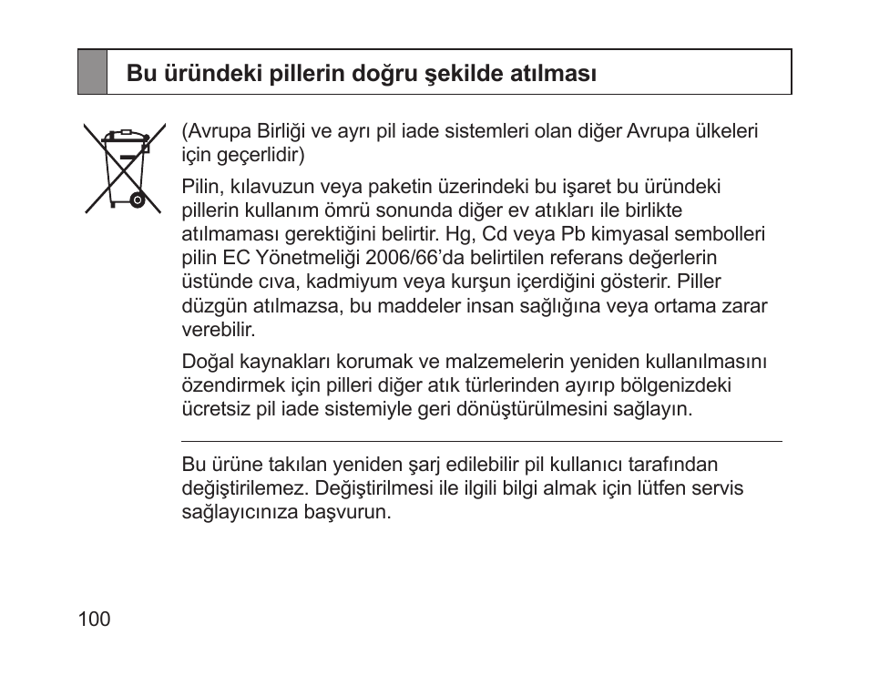 Bu üründeki pillerin doğru şekilde atılması | Samsung HM1200 User Manual | Page 102 / 154