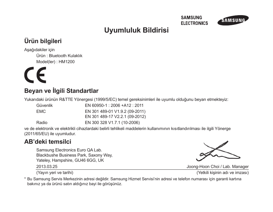 Uyumluluk bildirisi, Ürün bilgileri, Beyan ve ilgili standartlar | Ab’deki temsilci | Samsung HM1200 User Manual | Page 104 / 154