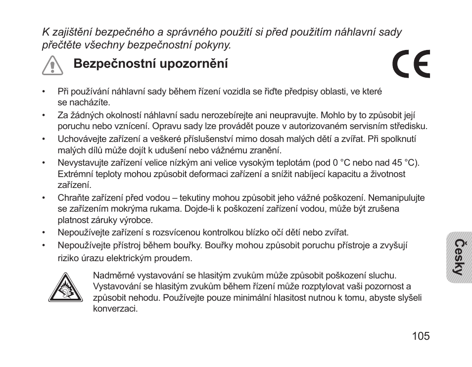Česky, Bezpečnostní upozornění | Samsung HM1200 User Manual | Page 107 / 154