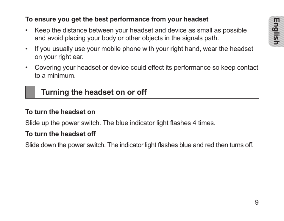 Turning the headset on or off | Samsung HM1200 User Manual | Page 11 / 154