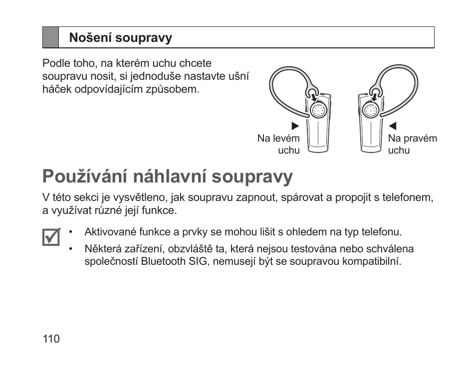 Nošení soupravy, Používání náhlavní soupravy | Samsung HM1200 User Manual | Page 112 / 154