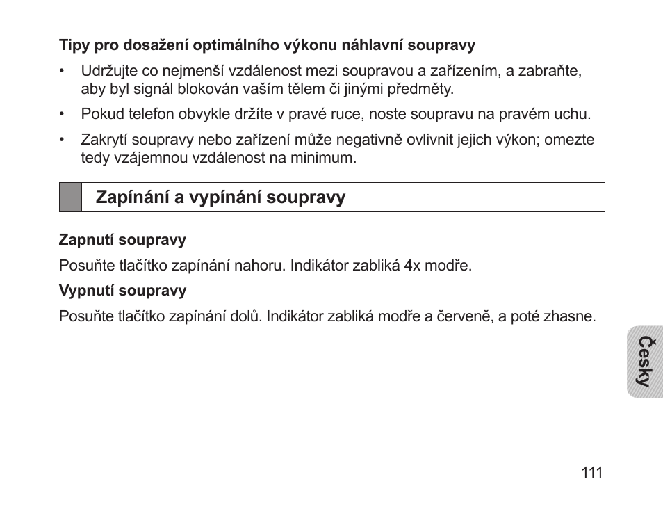 Zapínání a vypínání soupravy | Samsung HM1200 User Manual | Page 113 / 154