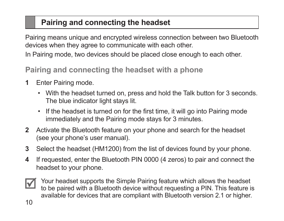 Pairing and connecting the headset | Samsung HM1200 User Manual | Page 12 / 154