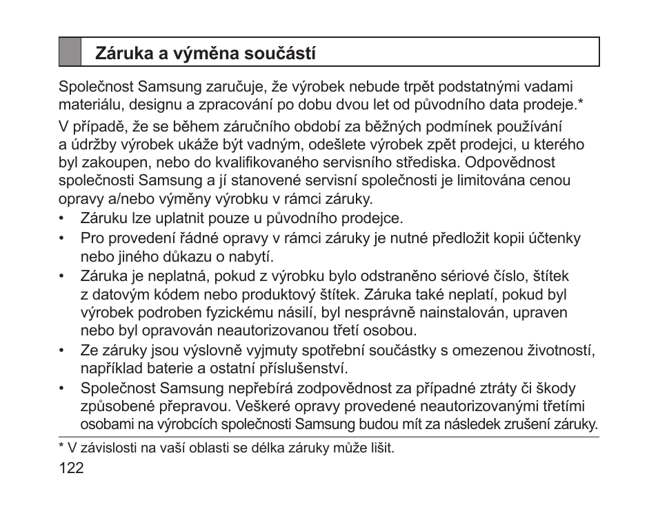 Záruka a výměna součástí | Samsung HM1200 User Manual | Page 124 / 154