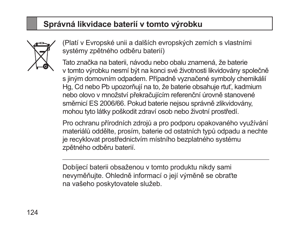 Správná likvidace baterií v tomto výrobku | Samsung HM1200 User Manual | Page 126 / 154