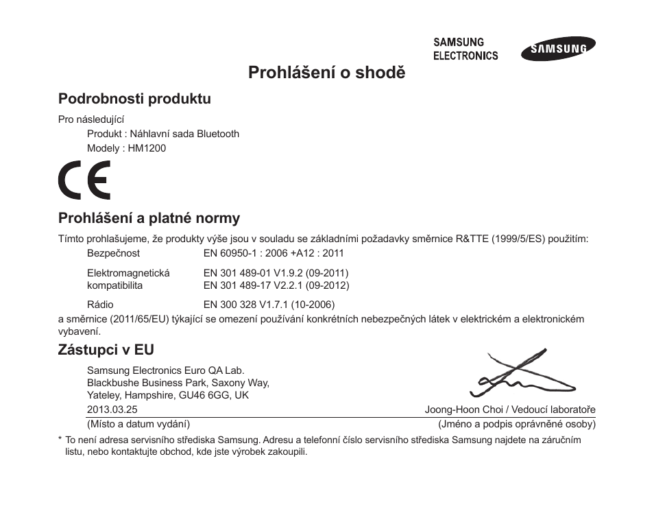 Prohlášení o shodě, Podrobnosti produktu, Prohlášení a platné normy | Zástupci v eu | Samsung HM1200 User Manual | Page 128 / 154