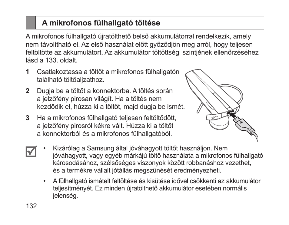A mikrofonos fülhallgató töltése | Samsung HM1200 User Manual | Page 134 / 154