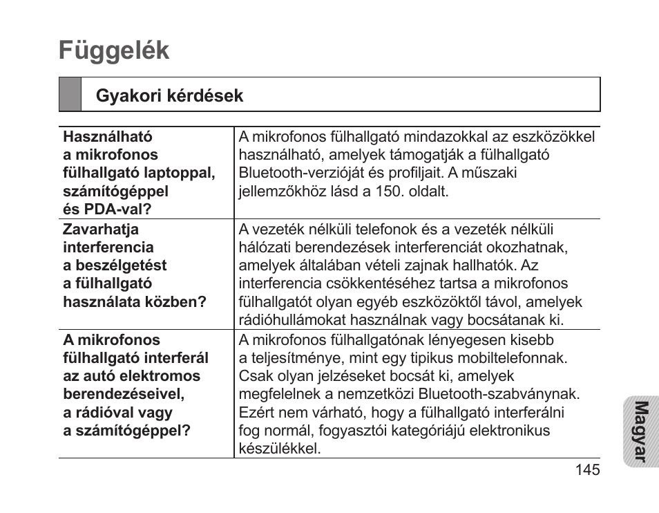 Függelék, Gyakori kérdések | Samsung HM1200 User Manual | Page 147 / 154