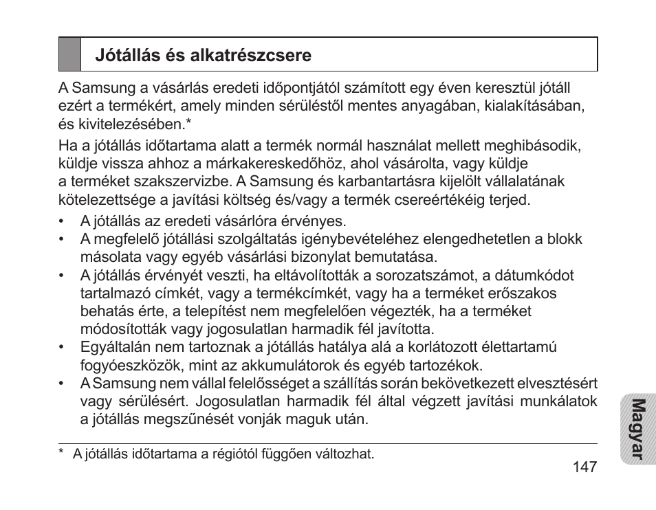 Jótállás és alkatrészcsere | Samsung HM1200 User Manual | Page 149 / 154